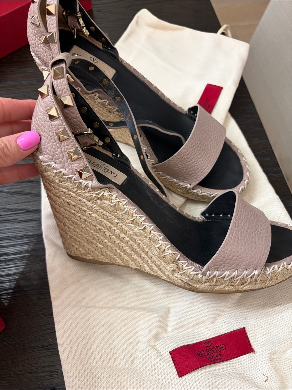 Valentino Pink Taupe Studded Ankle-Tie Espadrille Sandals - Picture 3 of 8